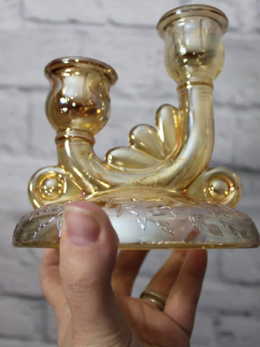 Vintage 1950's Floragold Double Candlesticks Set of 2 Jeannette Glass